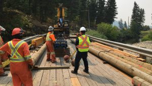 crew installing wooden piling for bridge